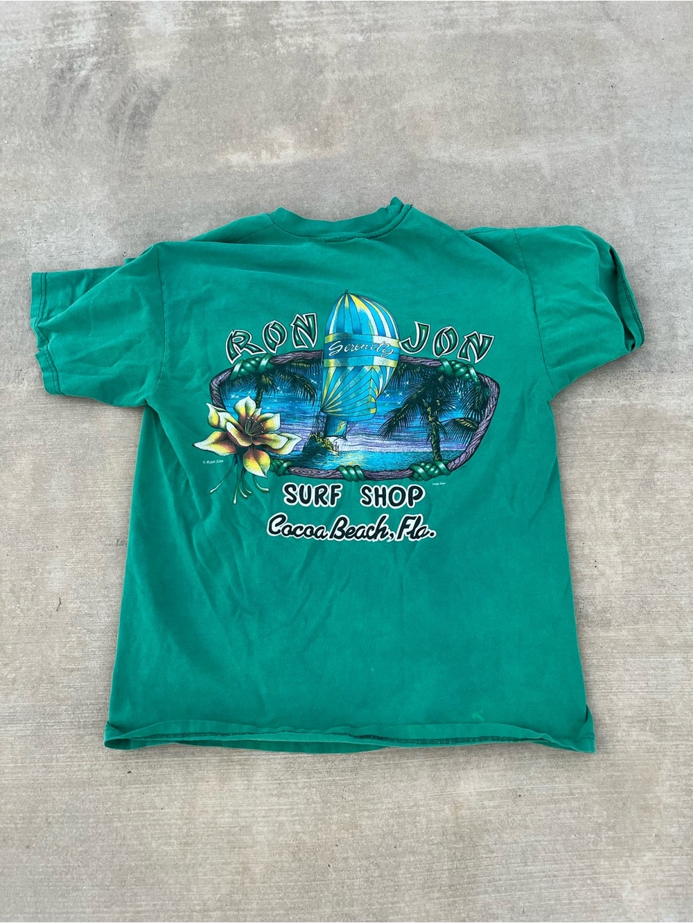 Ron Jon Vintage Green Surf Shop T-Shirt with Tropical Graphic size M